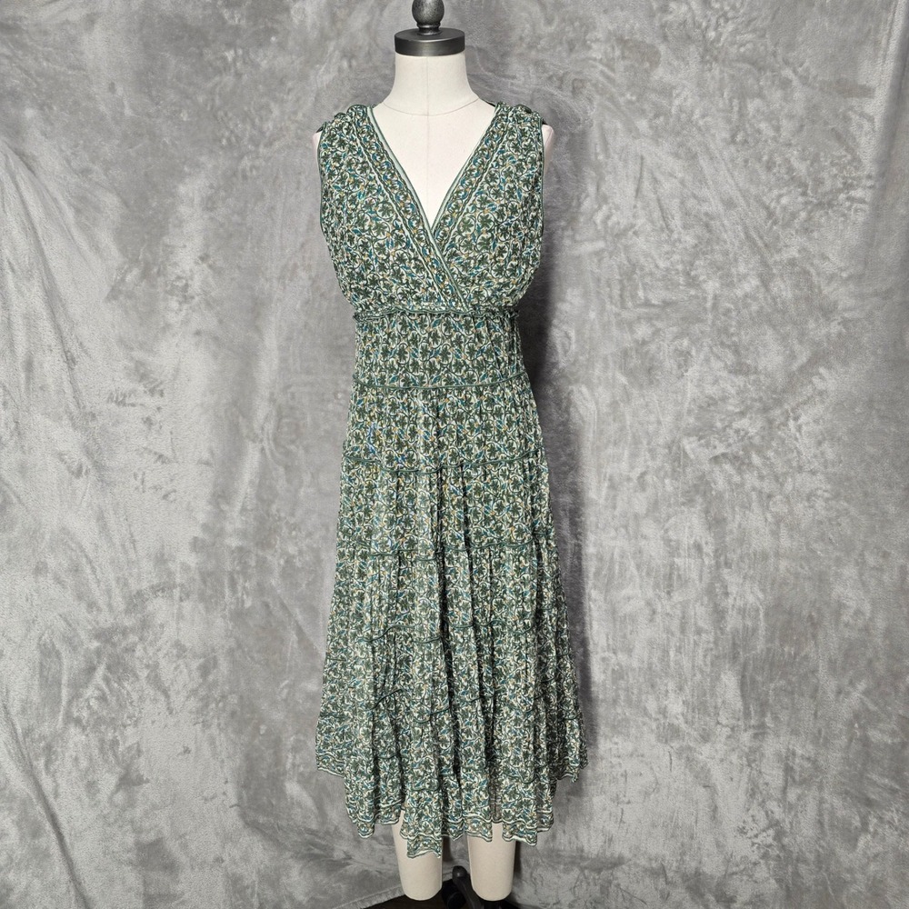 Max Studio Midi Dress Women L Green Floral Mesh Tiered V Cottagecore Boho Garden